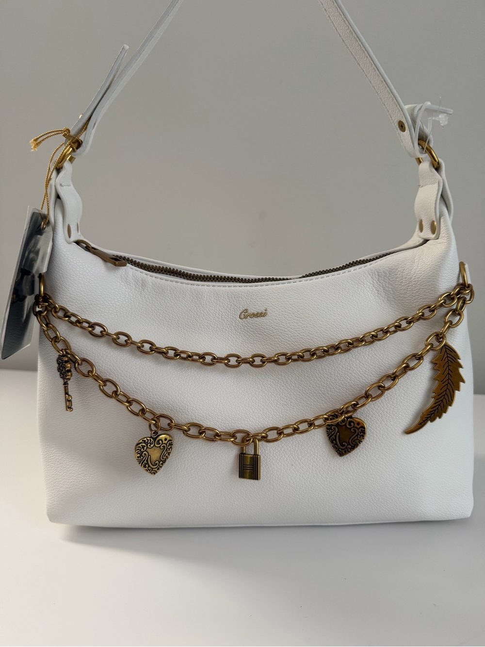 Cream Graciia Shoulder Bag with Gold Charm Chains